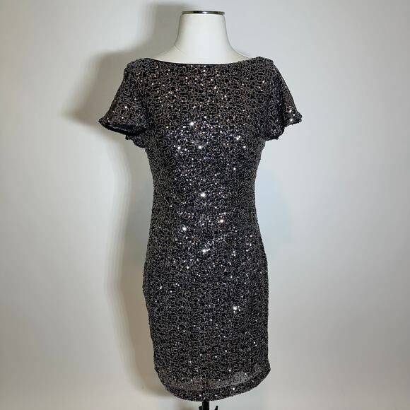 Jessica Howard Silver Sequin Flutter Sleeve Dress Formal Womens Petite Size 10P - Picture 1 of 12